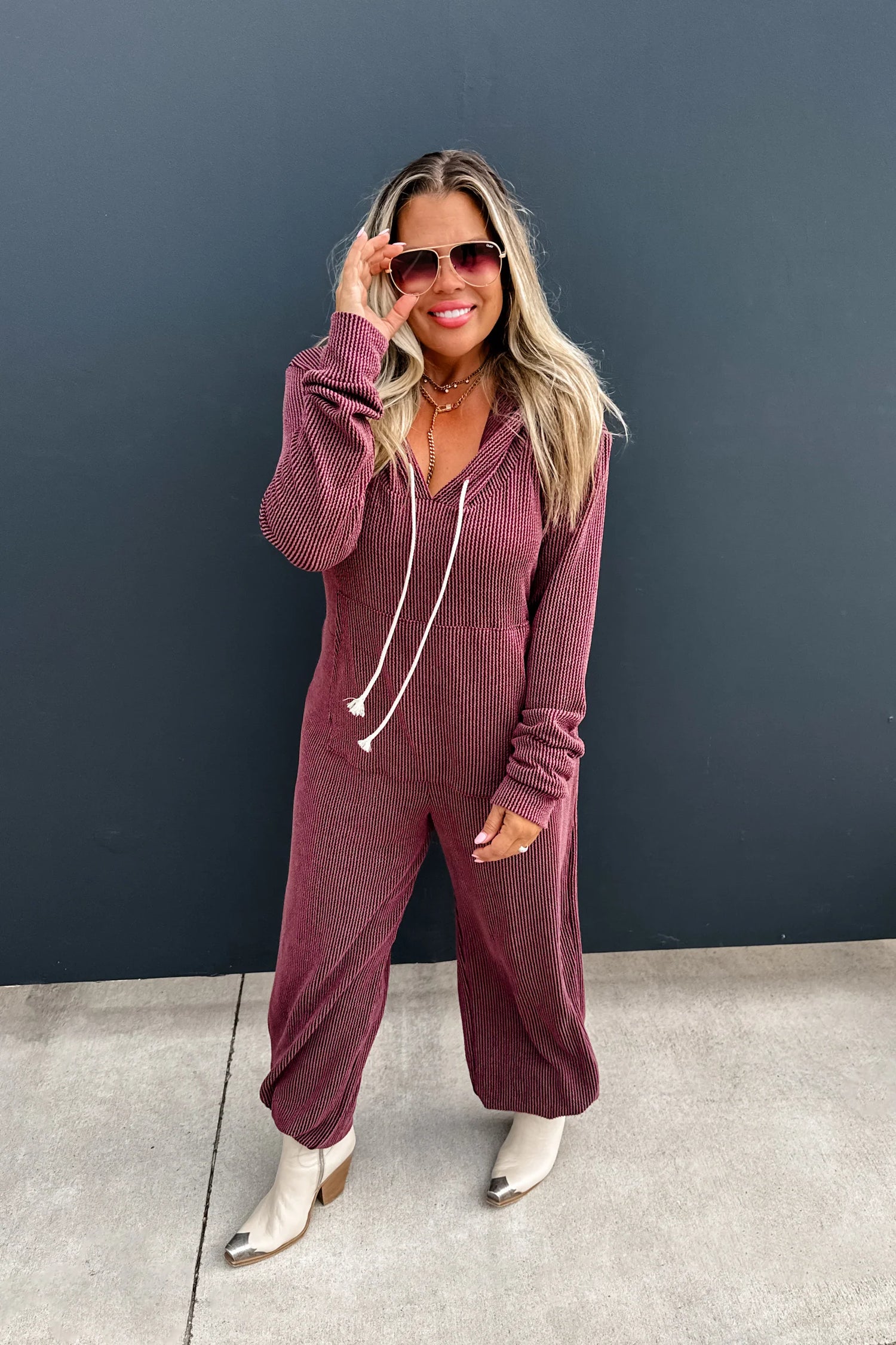 BLAKELEY RIBBED HAYDEN HOODIE JUMPSUIT IN CHOCOLATE