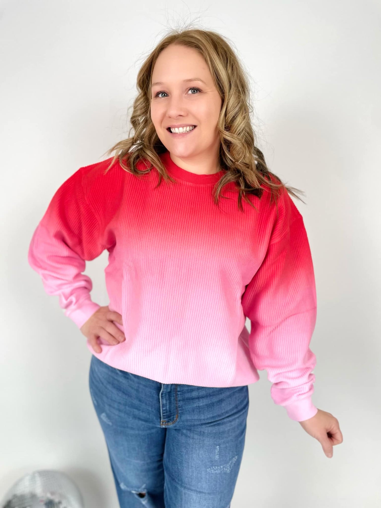 Ombre Cozy Cord Sweatshirt - Red/Pink