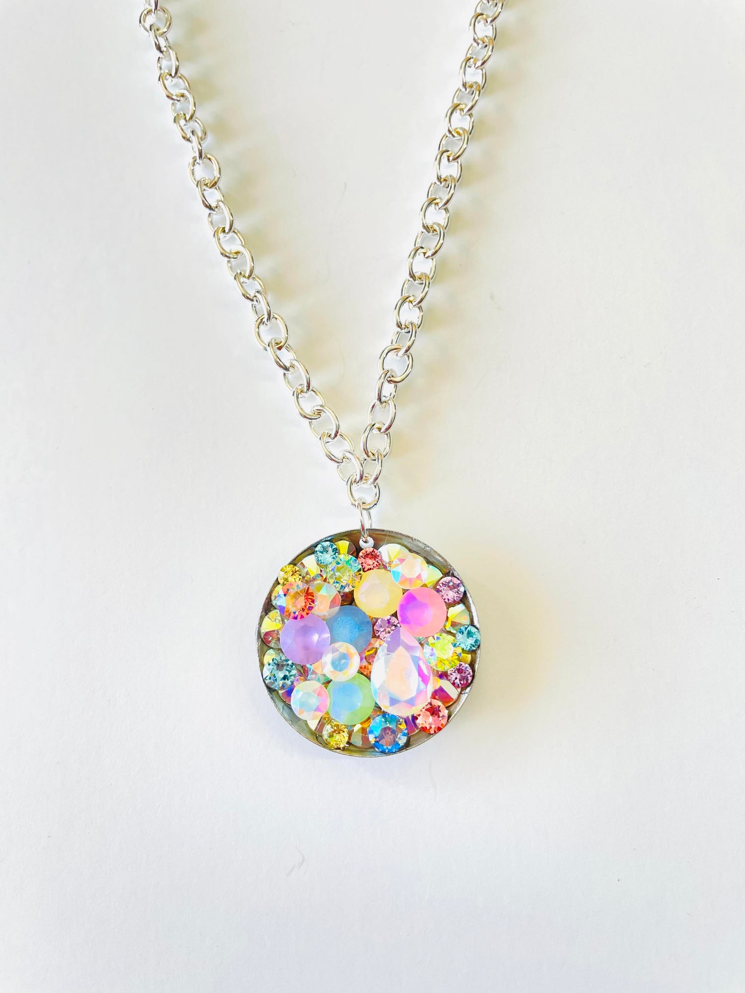 Large Treasure Chest Round Pendant Long Necklace in Frosty Spring Hues