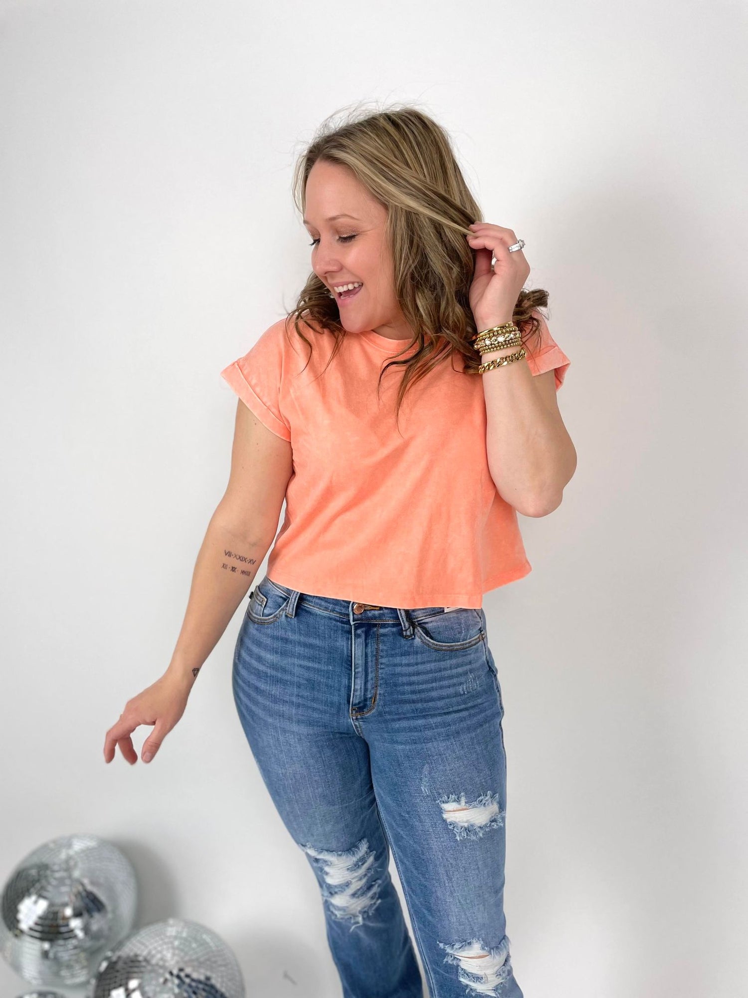 Stone Washed Cuffed Short Sleeve Top in Coral