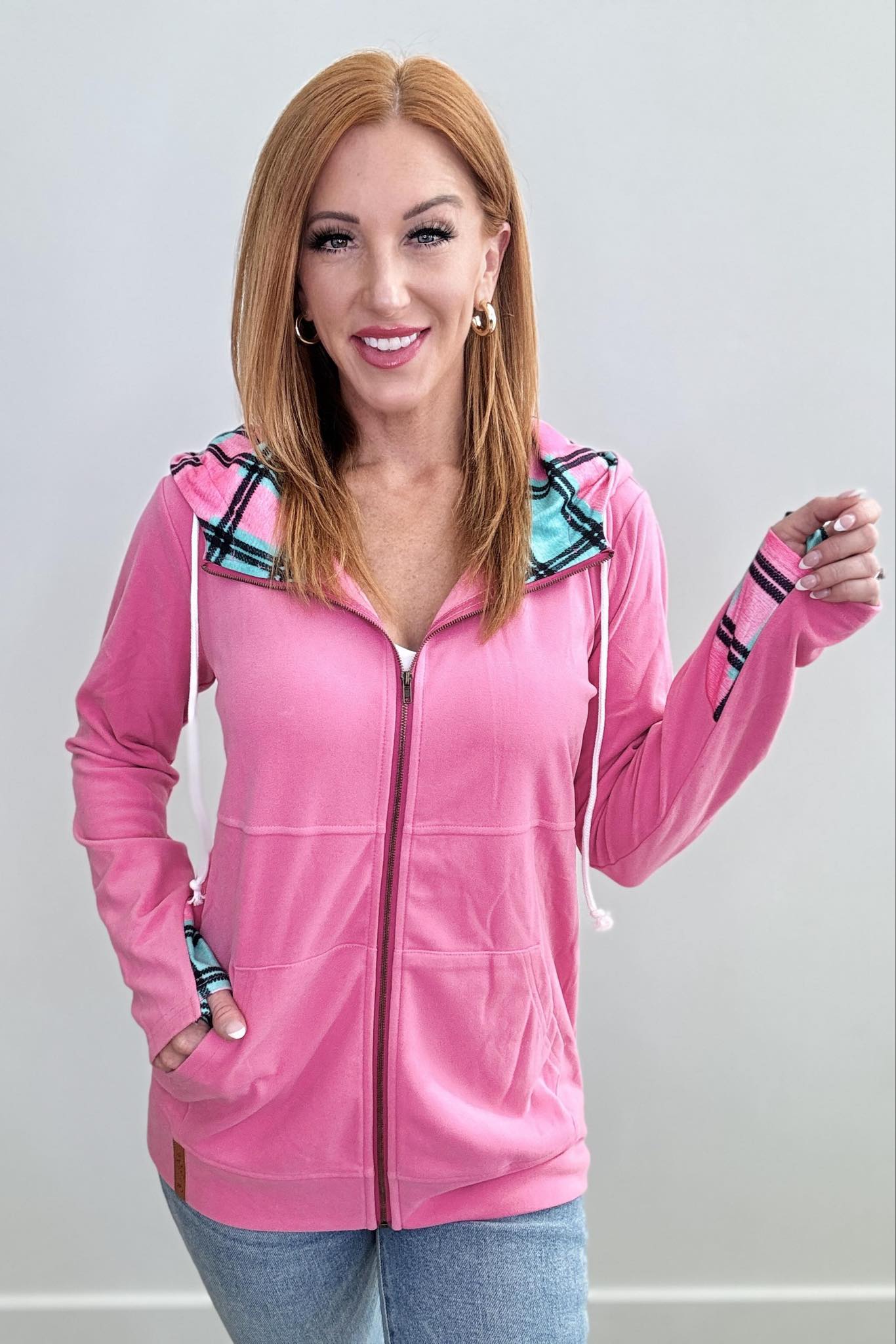 Tara ZipUp Hoodie - Pink Plaid