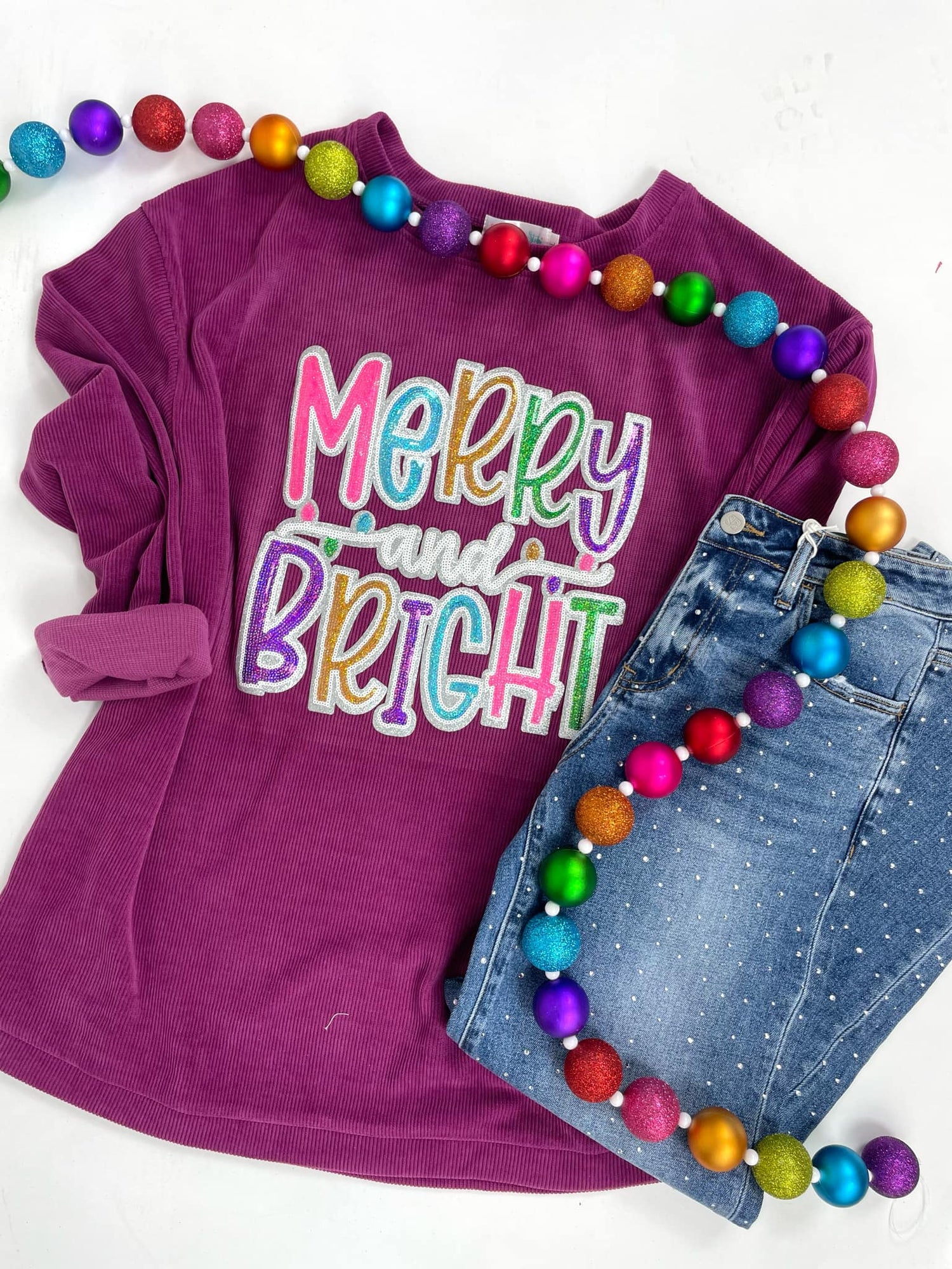 Merry & Bright Sequin Luxury Corded Crew in Plum