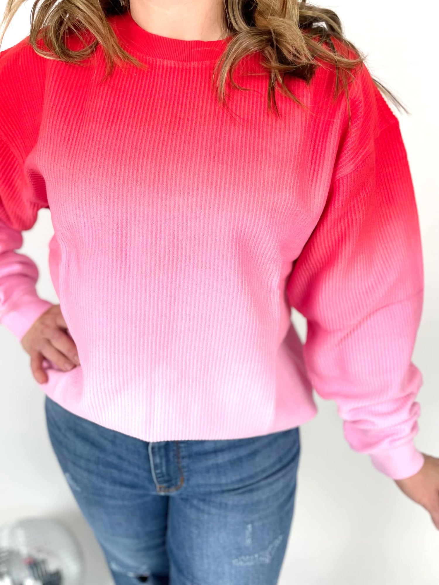 Ombre Cozy Cord Sweatshirt - Red/Pink