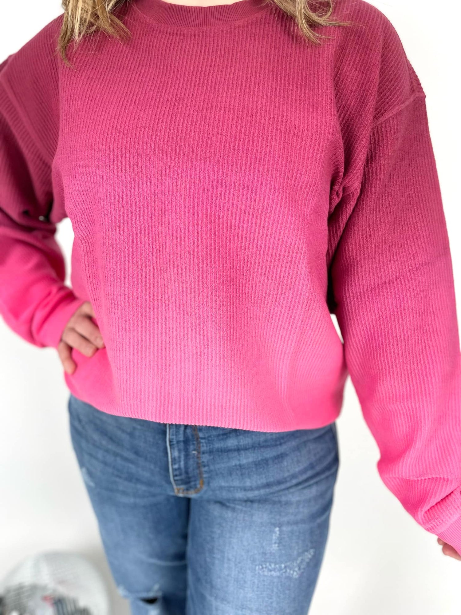 Ombre Cozy Cord Sweatshirt - Maroon/Pink