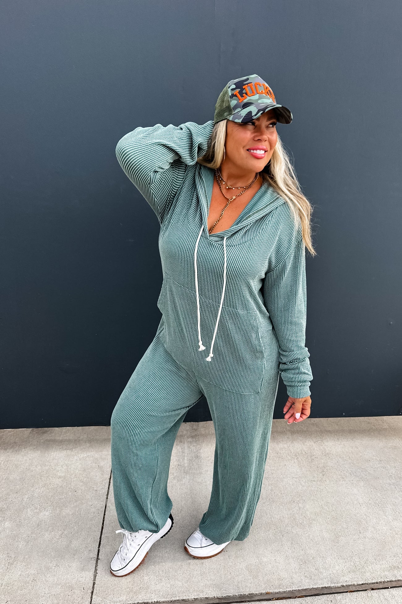 BLAKELEY RIBBED HAYDEN HOODIE JUMPSUIT IN MOSS