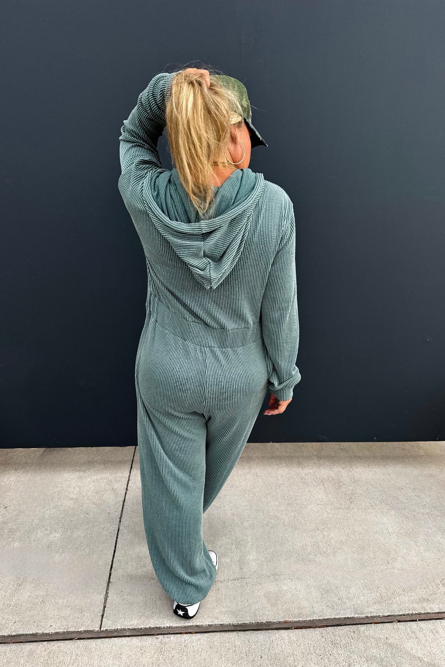 BLAKELEY RIBBED HAYDEN HOODIE JUMPSUIT IN MOSS