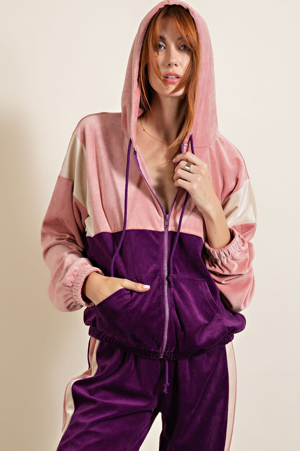 Velour Allure Zip-Up Hoodie in Plum