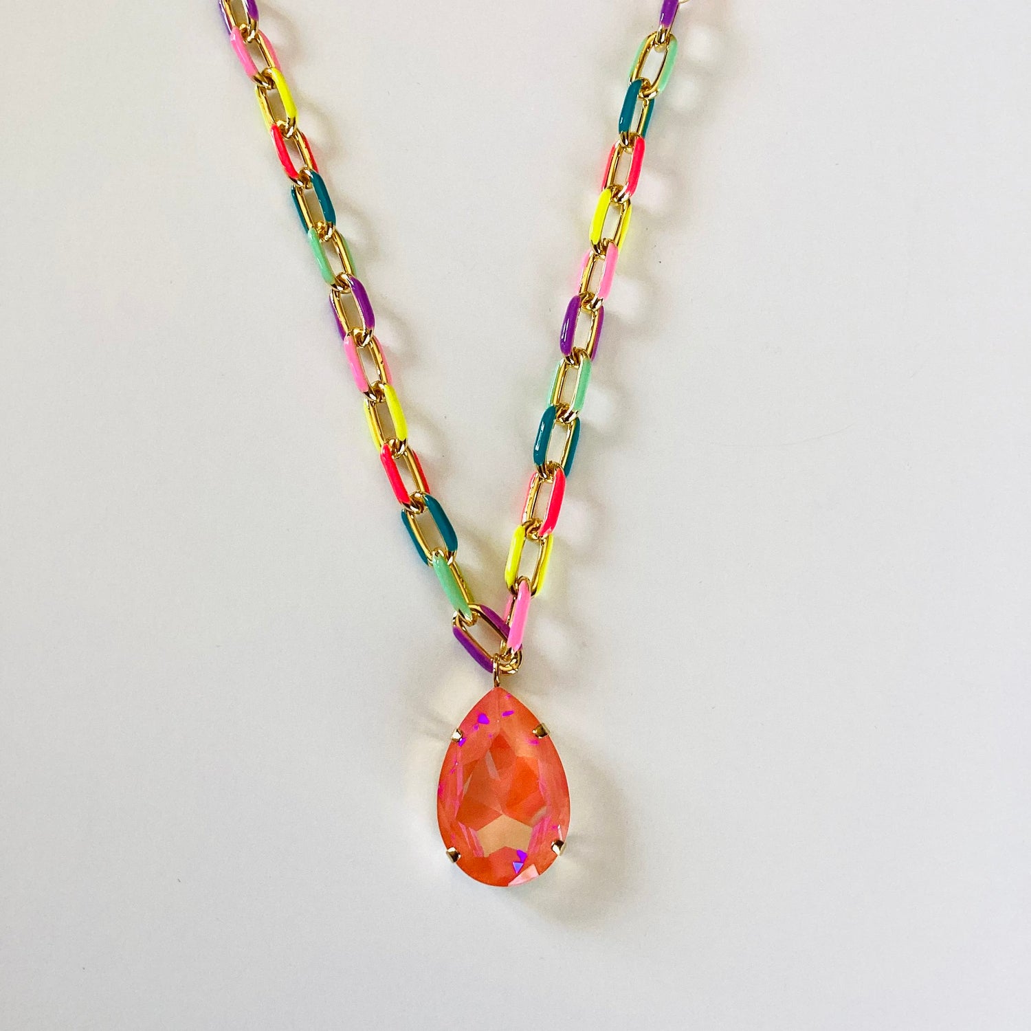 Colorful Gold Enamel Chain Necklace with Statement Crystal {Multiple Colors!}