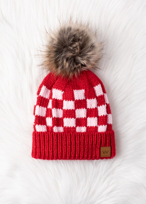 Red & Pink Checkered Knit Hat