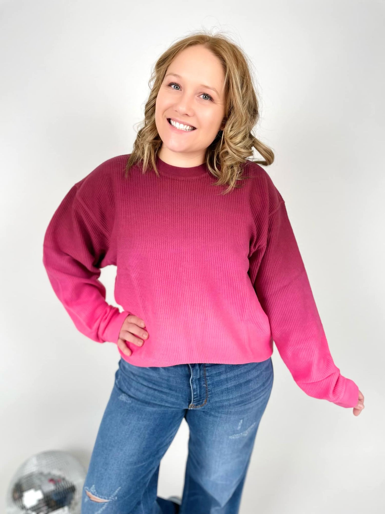 Ombre Cozy Cord Sweatshirt - Maroon/Pink