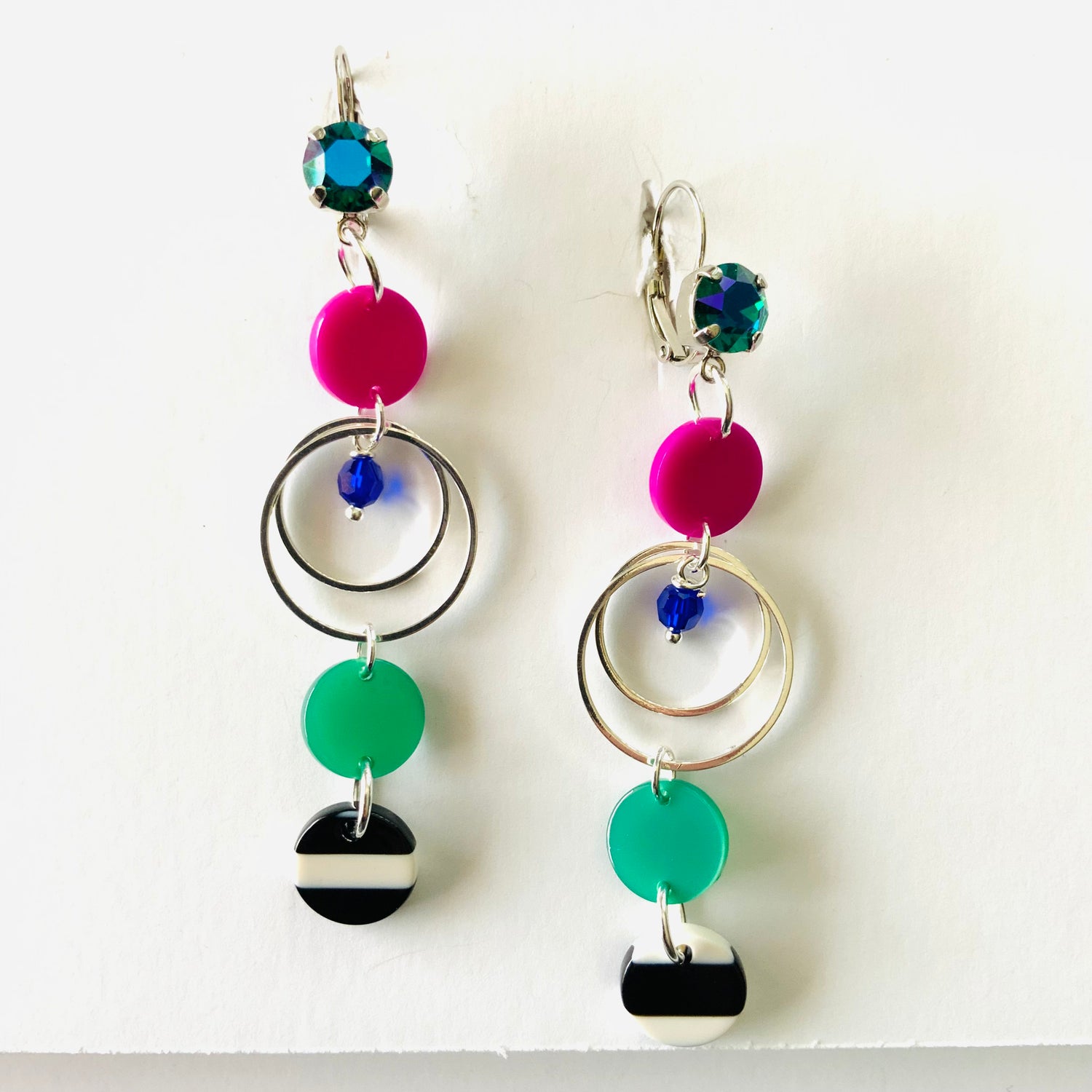 Colorful Polka Dot Charm Earrings featuring Emerald Glacier Blue