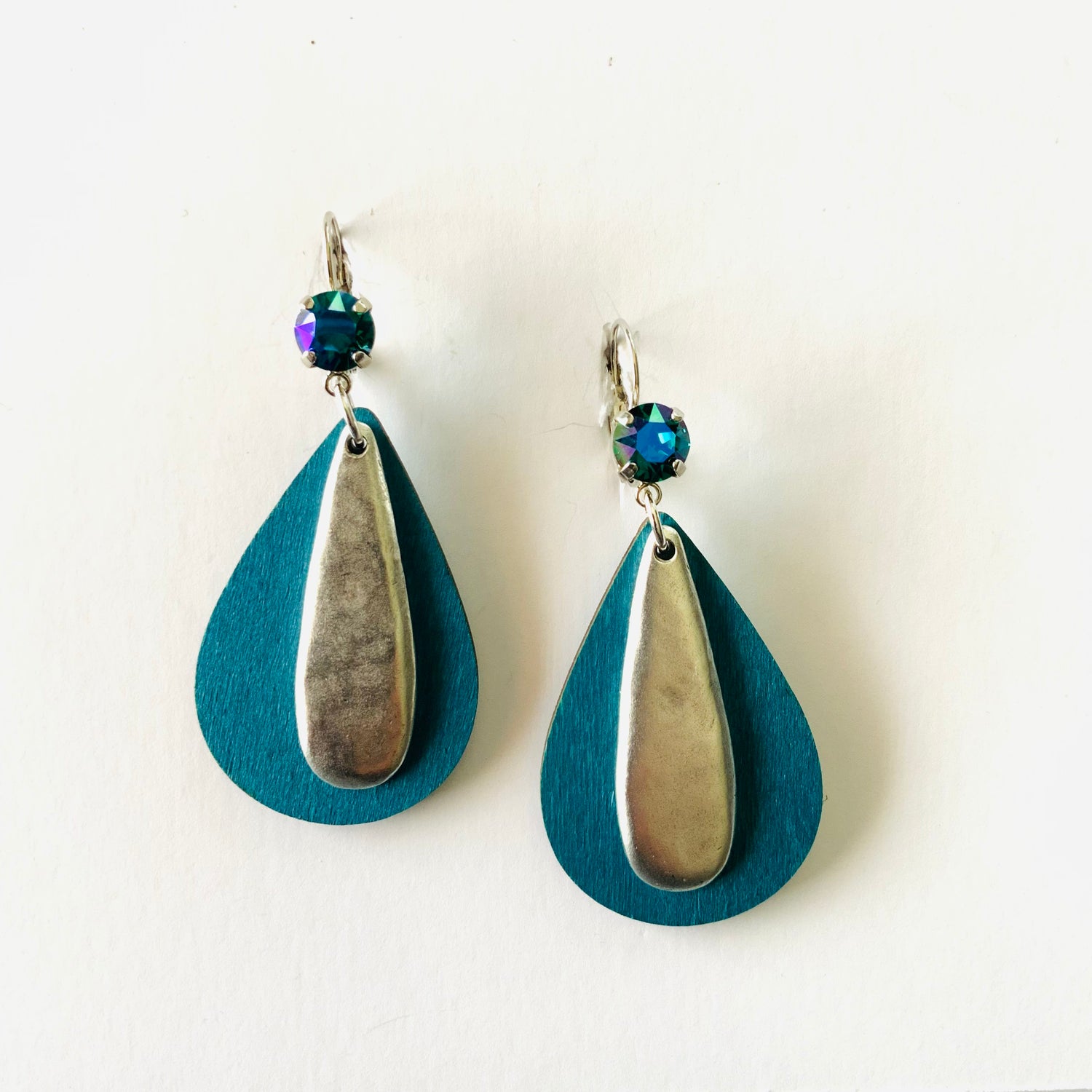 Wood Stamped Metal Pendant Earrings featuring Emerald Glacier Blue