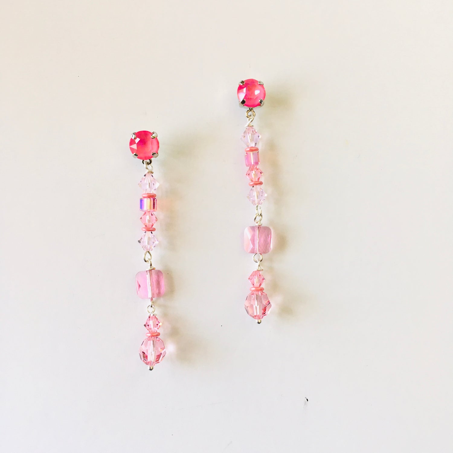 Tickle Me Pink Drop Delicate Earrings featuring Ultra Pink Coral AB