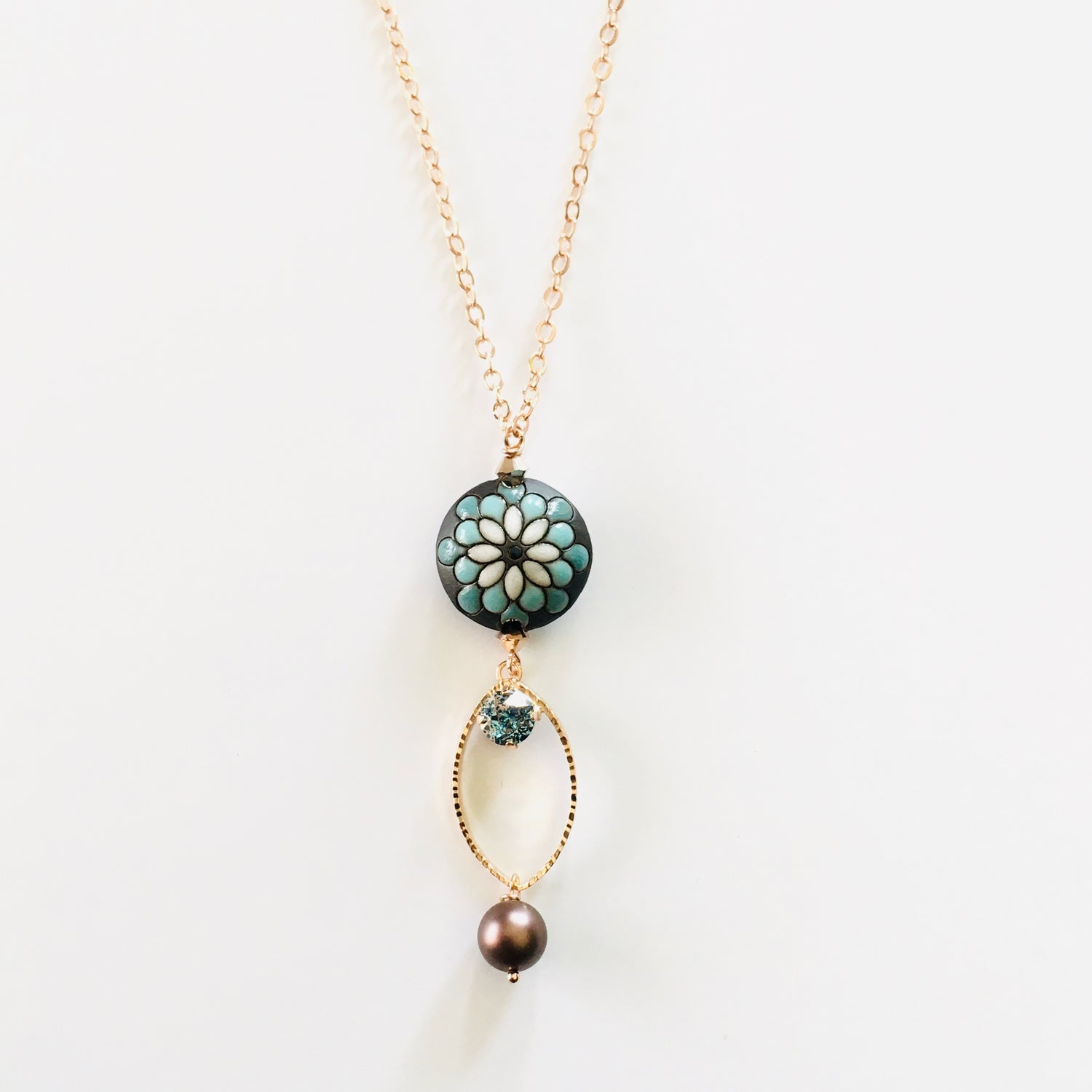 Boho Soul Flower Long Necklace featuring Aqua Rose Patina